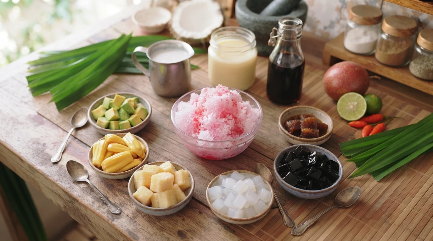 A neatly arranged flat lay of all ingredients for Es Doger including coconut milk, avocado, jackfruit, fermented cassava, nata de coco, grass jelly, shaved ice, and tropical fruits on a wooden table.