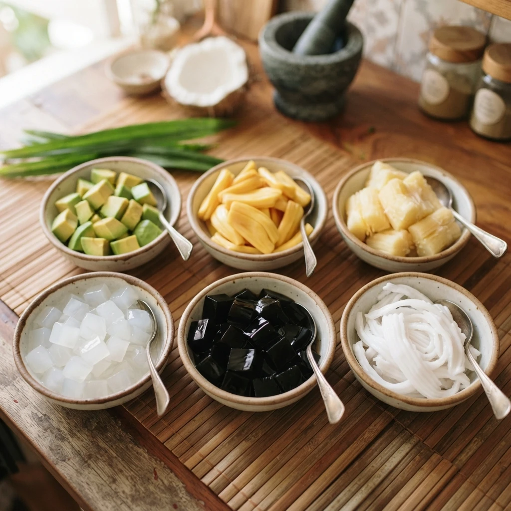 Various colorful Es Doger toppings neatly arranged in small bowls, including avocado cubes, sliced jackfruit, fermented cassava, nata de coco, grass jelly, and young coconut.