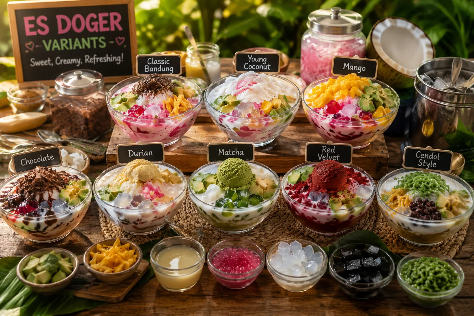 Assorted Indonesian Es Doger variations with classic, mango, chocolate, vegan, and young coconut flavors on a wooden table