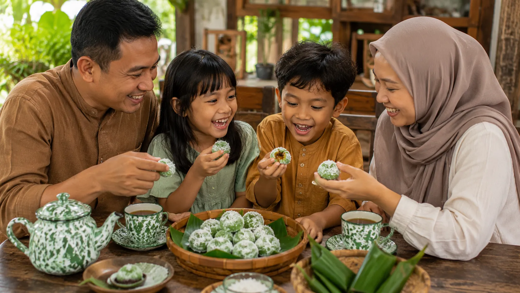 Family enjoying homemade Indonesian Klepon during afternoon tea