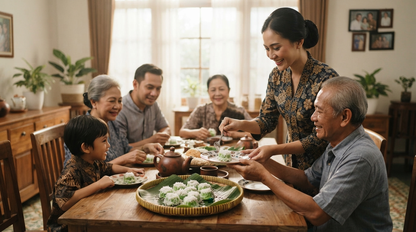An Indonesian woman in traditional attire serving freshly made Putu Ayu cakes to her multi-generational family at a home dining table.