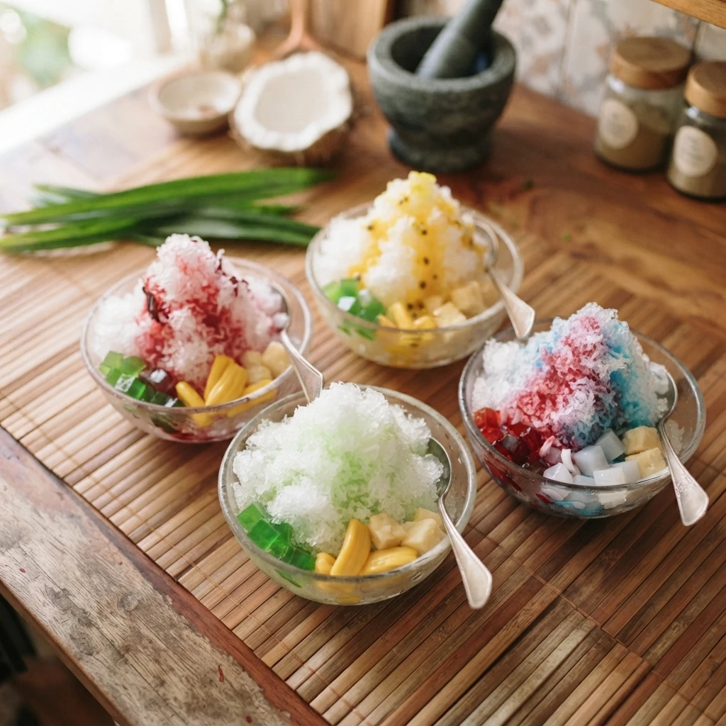 Fresh fluffy shaved ice filling clear dessert bowls on a wooden table in a tropical kitchen atmosphere with bright natural lighting.