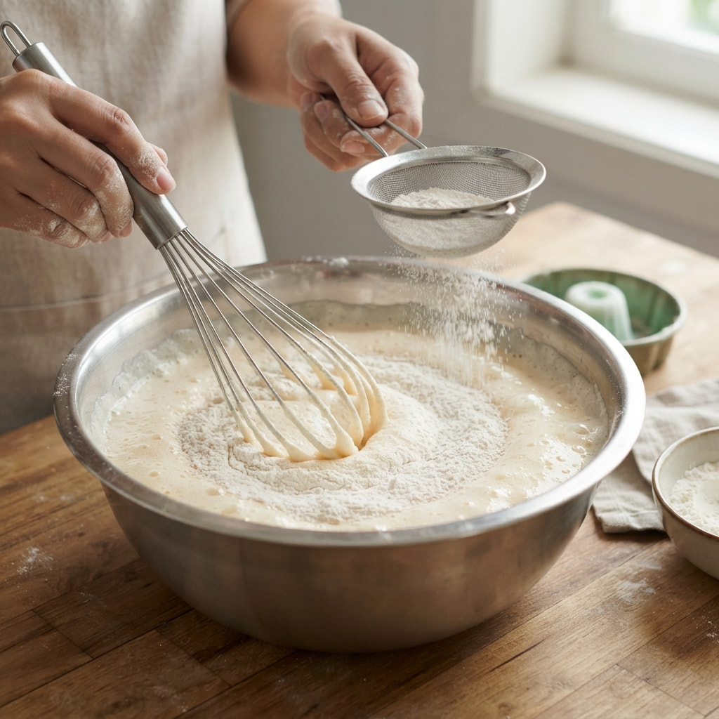 All-purpose flour and baking powder being gently sifted and folded into a fluffy egg batter for Indonesian Putu Ayu cake in a clean kitchen setting.
