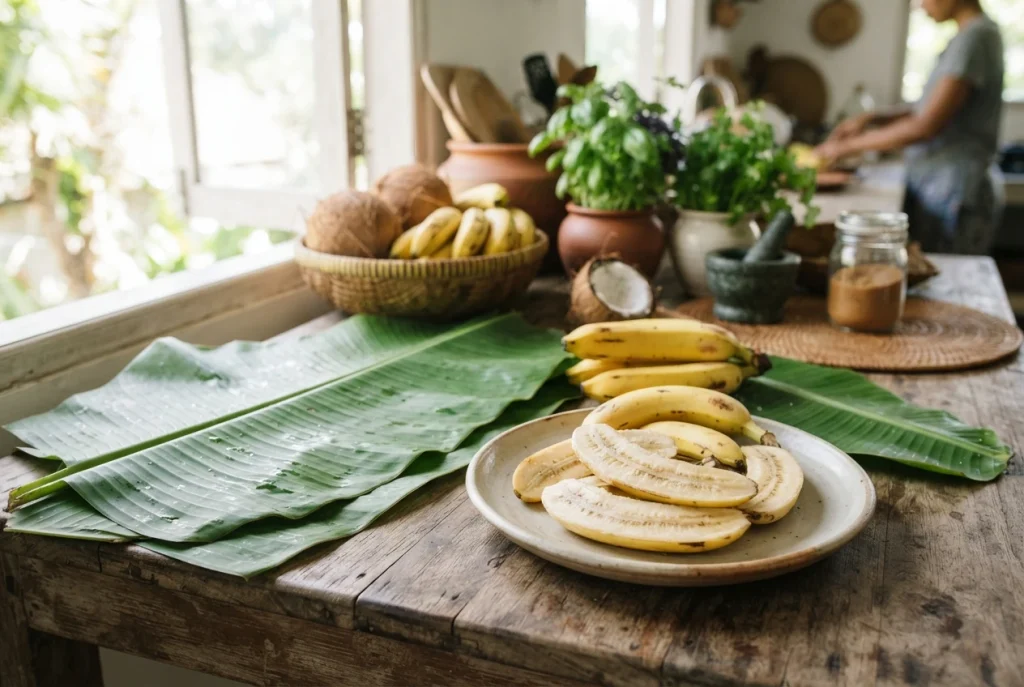 Fresh green banana leaves laid out on a rustic wooden table beside peeled ripe bananas cut in half, inside a tropical kitchen with bright natural lighting.