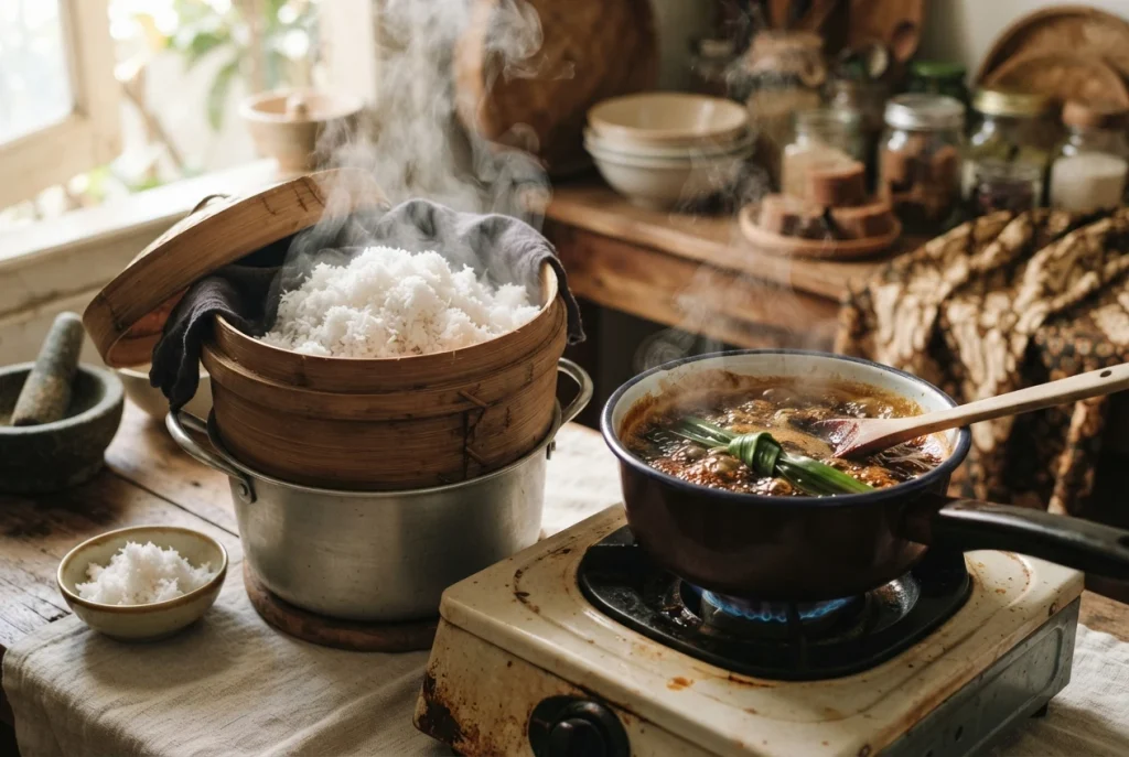 Freshly grated coconut steaming in a bamboo steamer next to a small saucepan of bubbling Indonesian palm sugar syrup with pandan leaves in a cozy morning kitchen.
