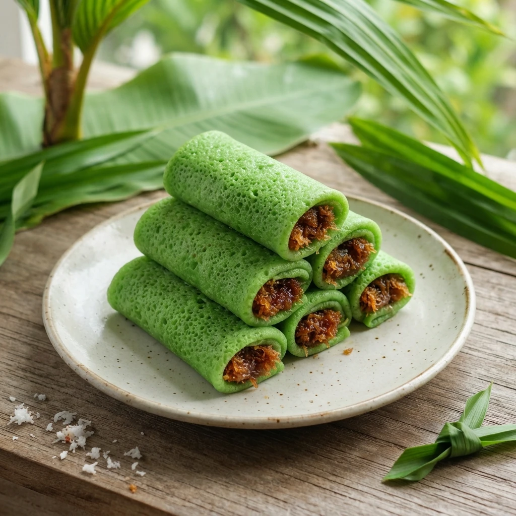 Stack of fresh homemade Dadar Gulung neatly arranged on a white ceramic plate with visible coconut filling and a tropical leaf background.