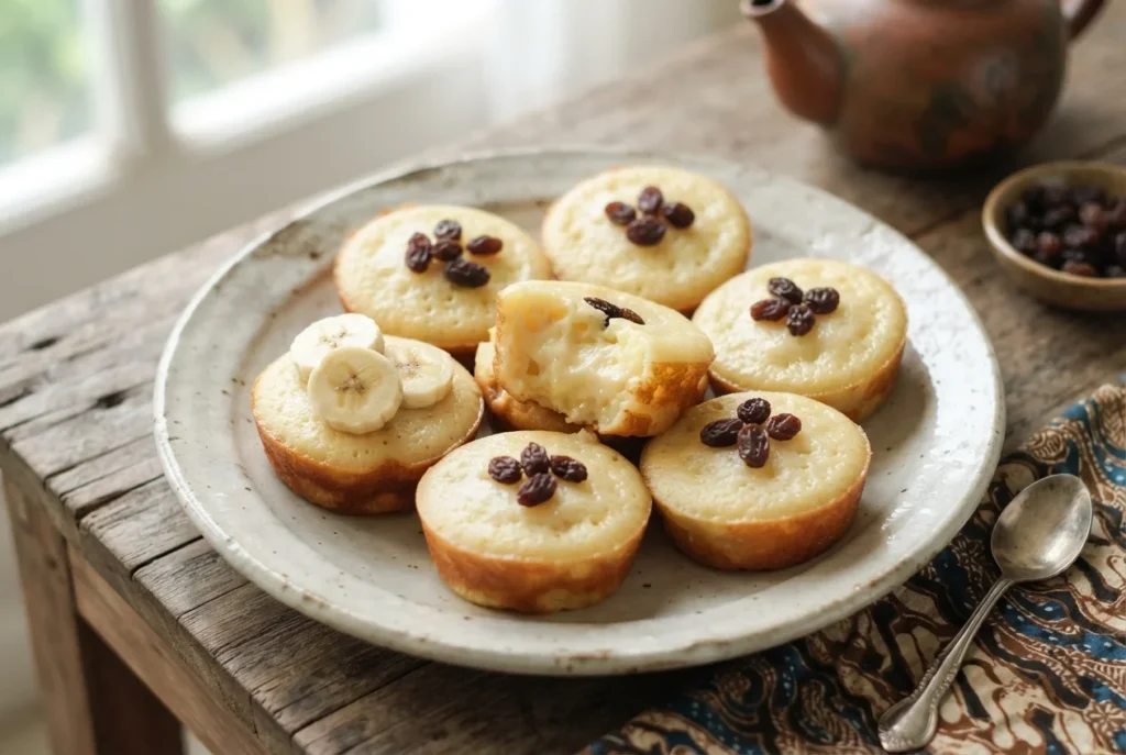 Fresh homemade Kue Lumpur arranged on a ceramic plate with banana slices and raisins, displaying a soft creamy texture.