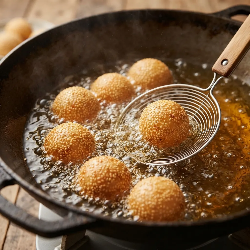 Professional food photography of golden Indonesian onde-onde frying in a wok with bubbling hot oil using a metal strainer.