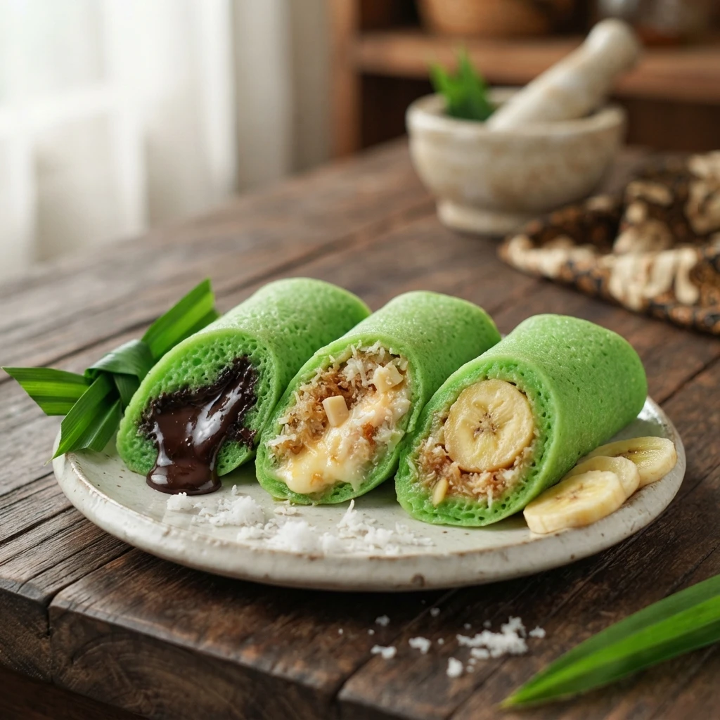A styled plate featuring three unique varieties of Indonesian Dadar Gulung filled with rich chocolate, melted cheese with coconut, and ripe banana.