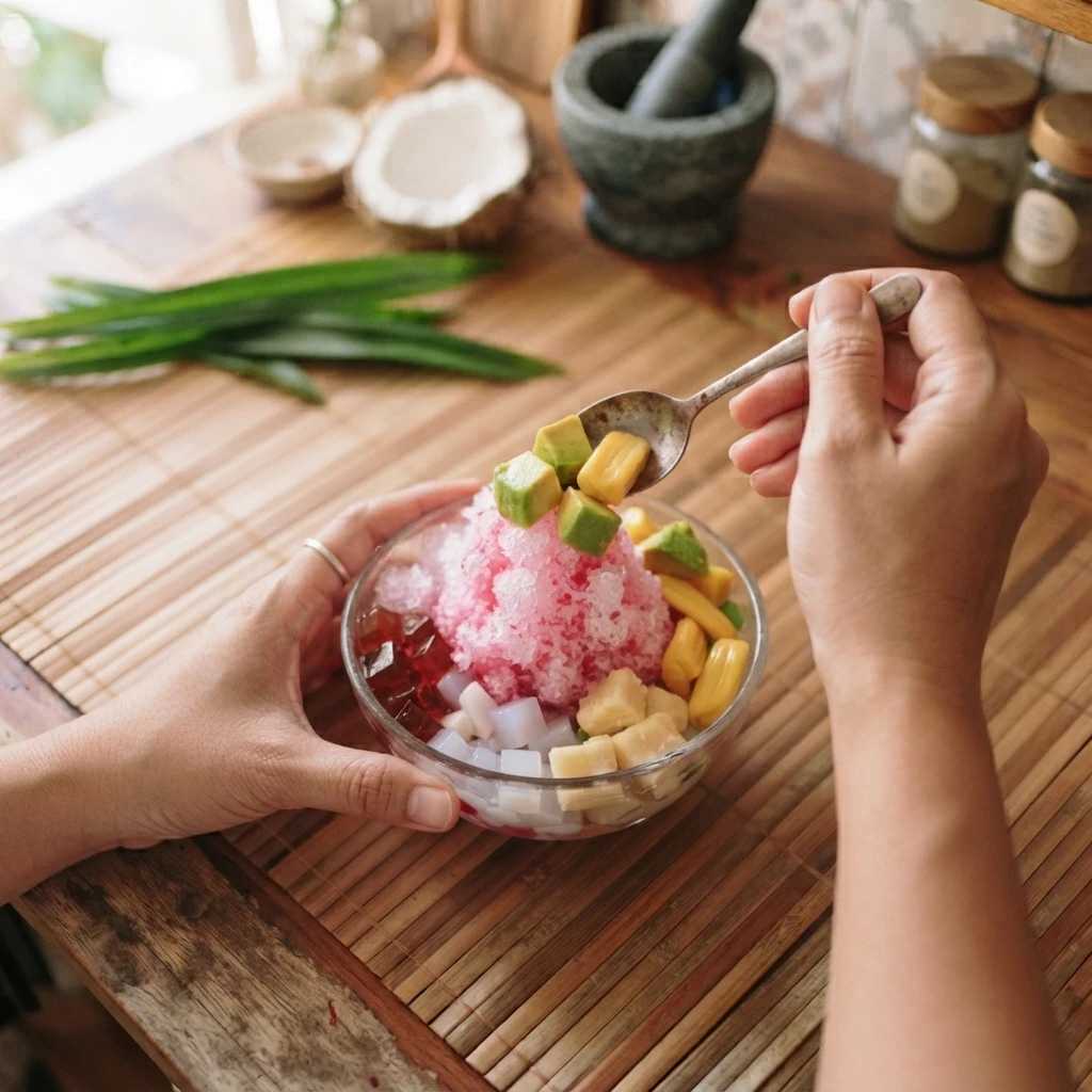 Hands assembling Es Doger by adding avocado, jackfruit, nata de coco, fermented cassava, and jelly over shaved ice in a glass dessert bowl.