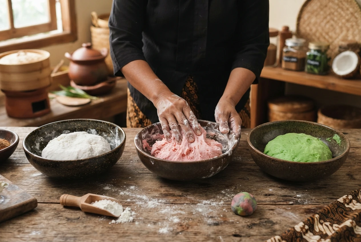 Hands kneading colorful tapioca dough across white, pink, and green bowls on a rustic wooden table in an authentic Indonesian kitchen setup.