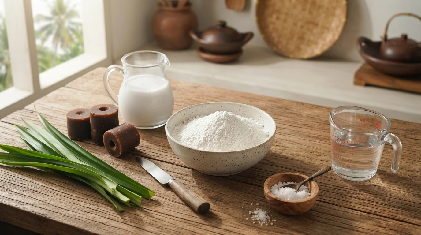 A flat lay of ingredients for authentic Indonesian bubur sumsum including rice flour, coconut milk, palm sugar blocks, pandan leaves, and salt on wood.