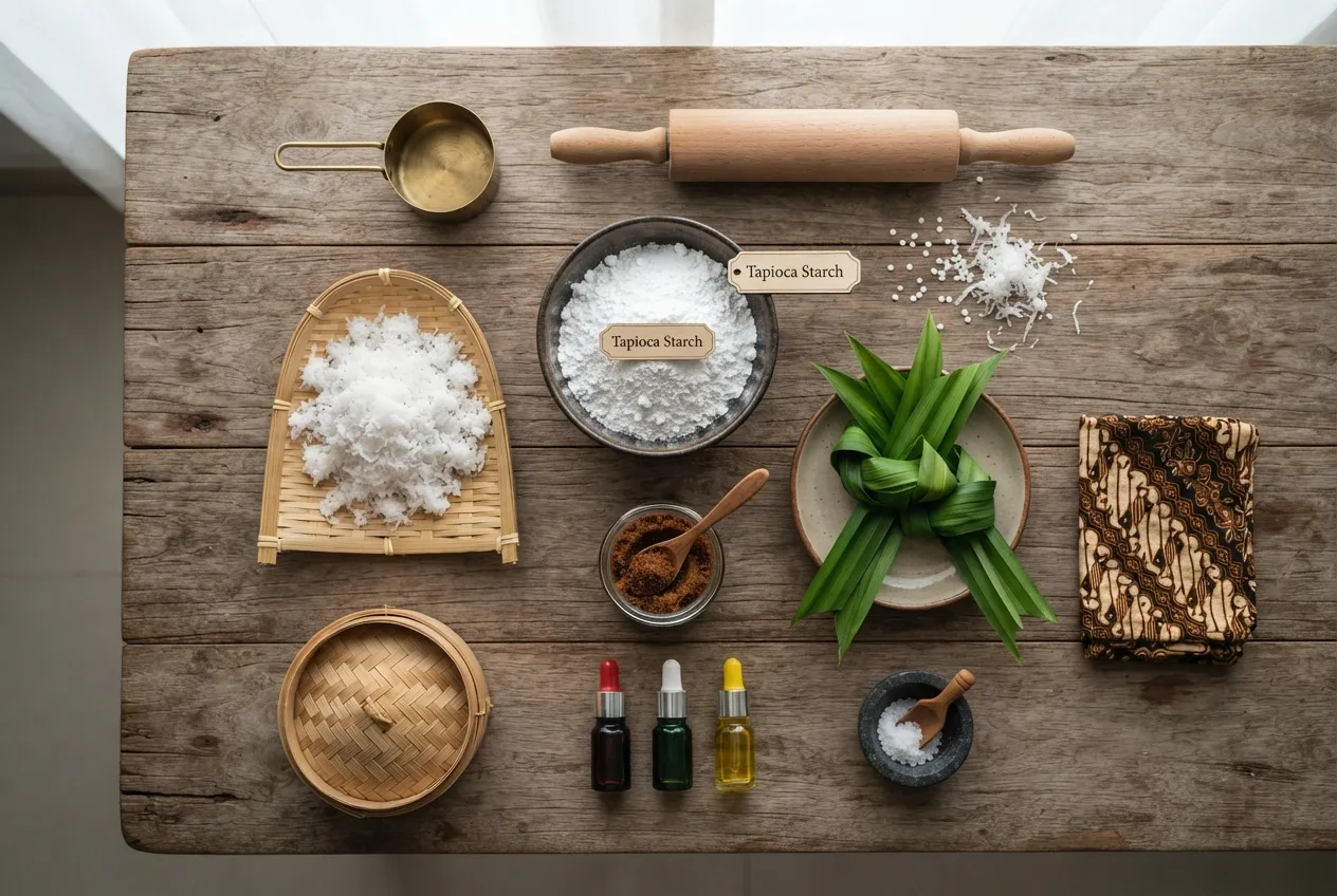 Flat lay arrangement of tapioca starch, grated coconut, palm sugar, pandan leaves, food coloring, and kitchen utensils neatly laid out on a rustic wooden table.