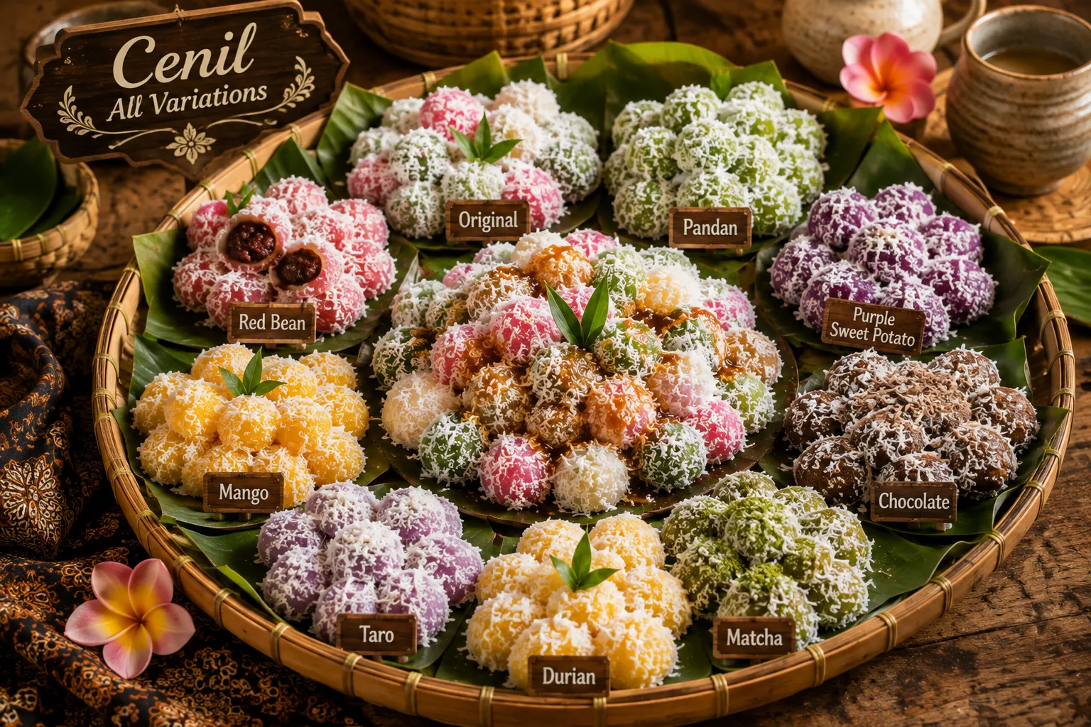 Assorted Indonesian Cenil variations served on a large bamboo tray with traditional toppings