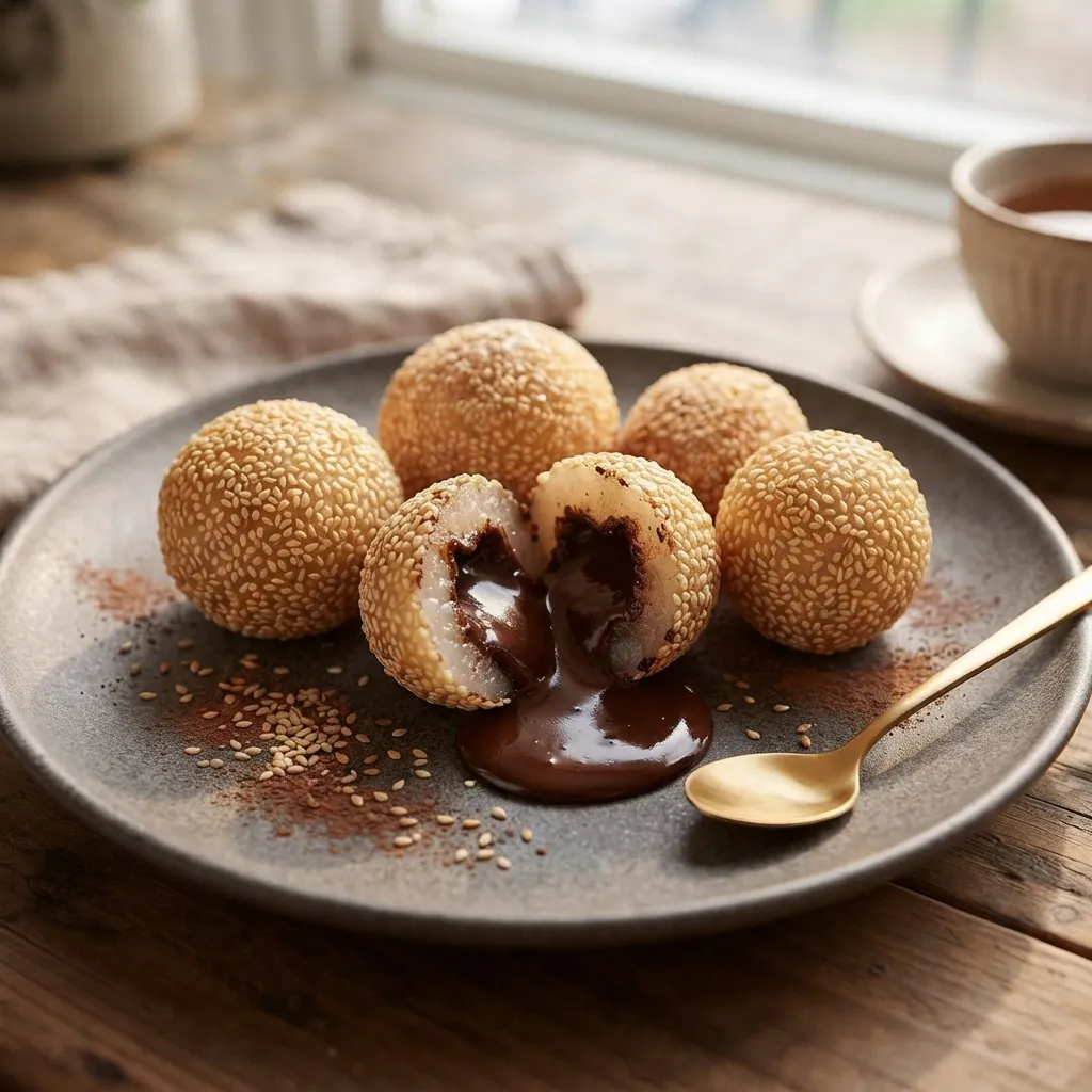 Ultra-realistic food photography of luxury Indonesian chocolate lava onde-onde split open with rich dark chocolate flowing onto a matte ceramic plate.