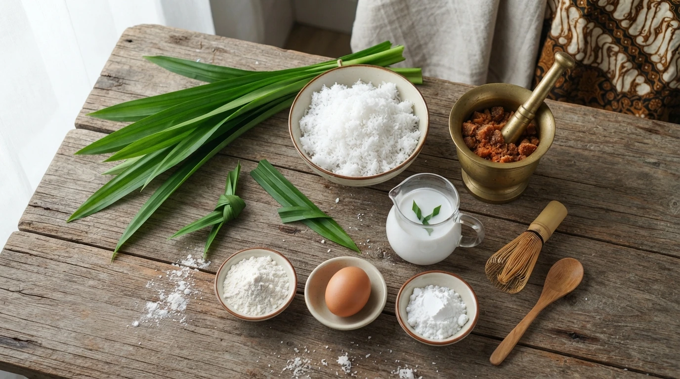 Overhead composition of fresh ingredients for Dadar Gulung including grated coconut, pandan leaves, palm sugar, coconut milk, flour, and eggs on a rustic wooden table.