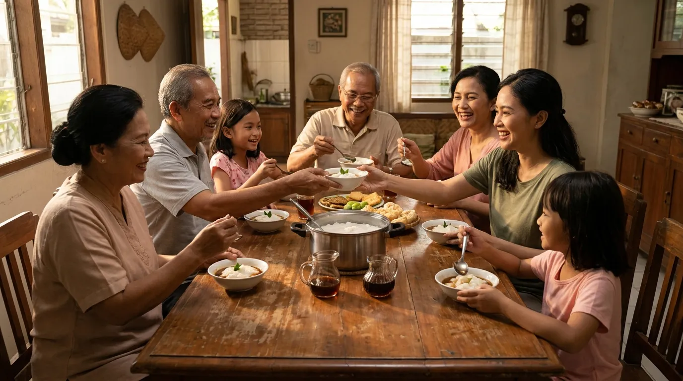 An Indonesian family sharing traditional bubur sumsum together around a warm wooden dining table during an afternoon gathering.