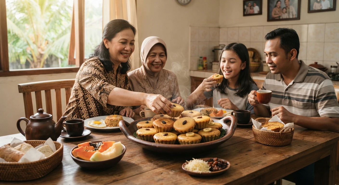 An Indonesian family enjoying freshly baked Kue Lumpur together at the dining table during a cozy morning breakfast.