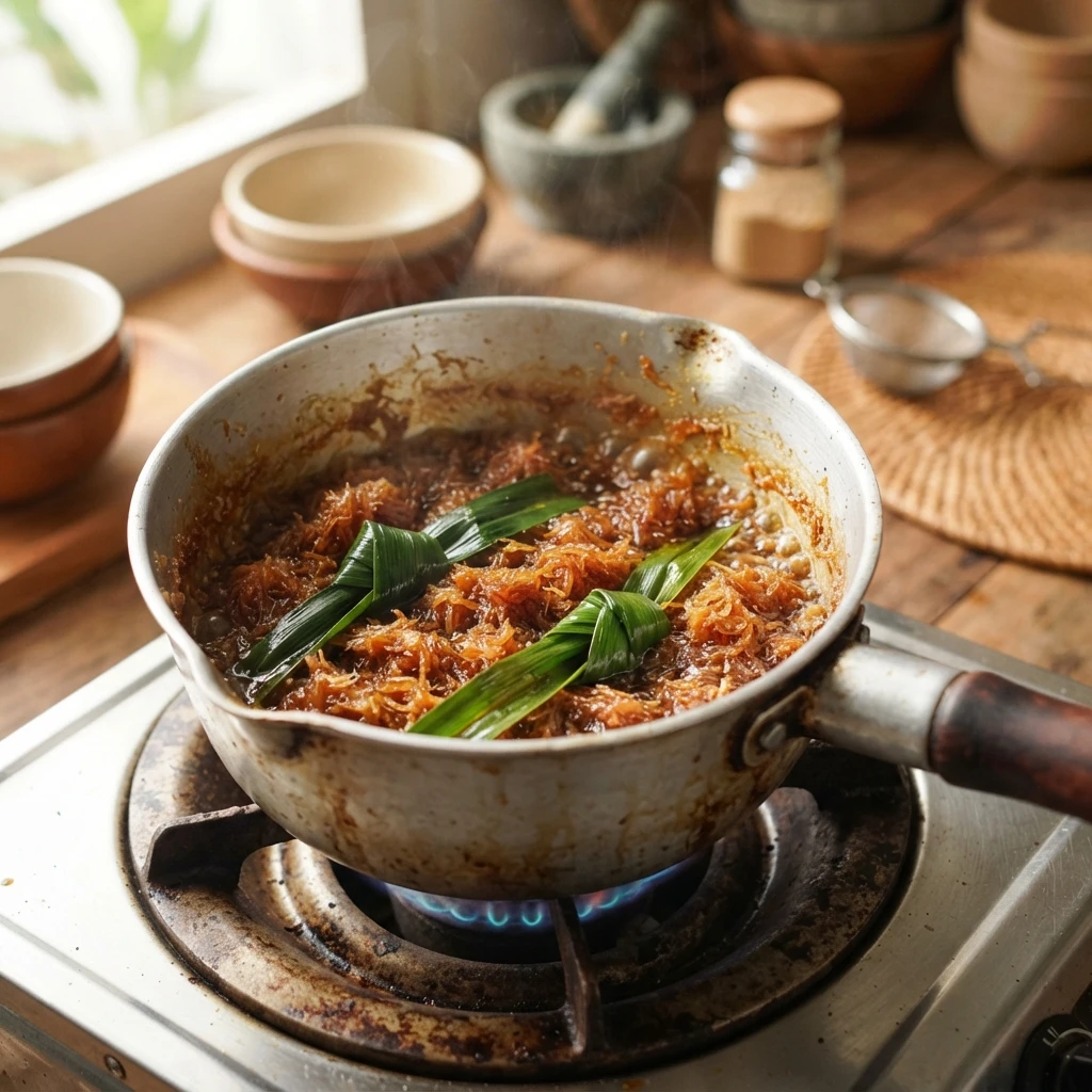 Close-up of sweet shredded coconut filling cooking with melted palm sugar and pandan leaves in a small saucepan for traditional Indonesian dessert preparation.