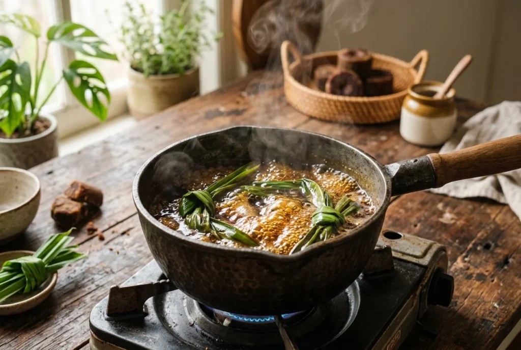 A rustic saucepan simmering Indonesian palm sugar syrup with fragrant pandan leaves on a wooden kitchen counter under natural morning light.