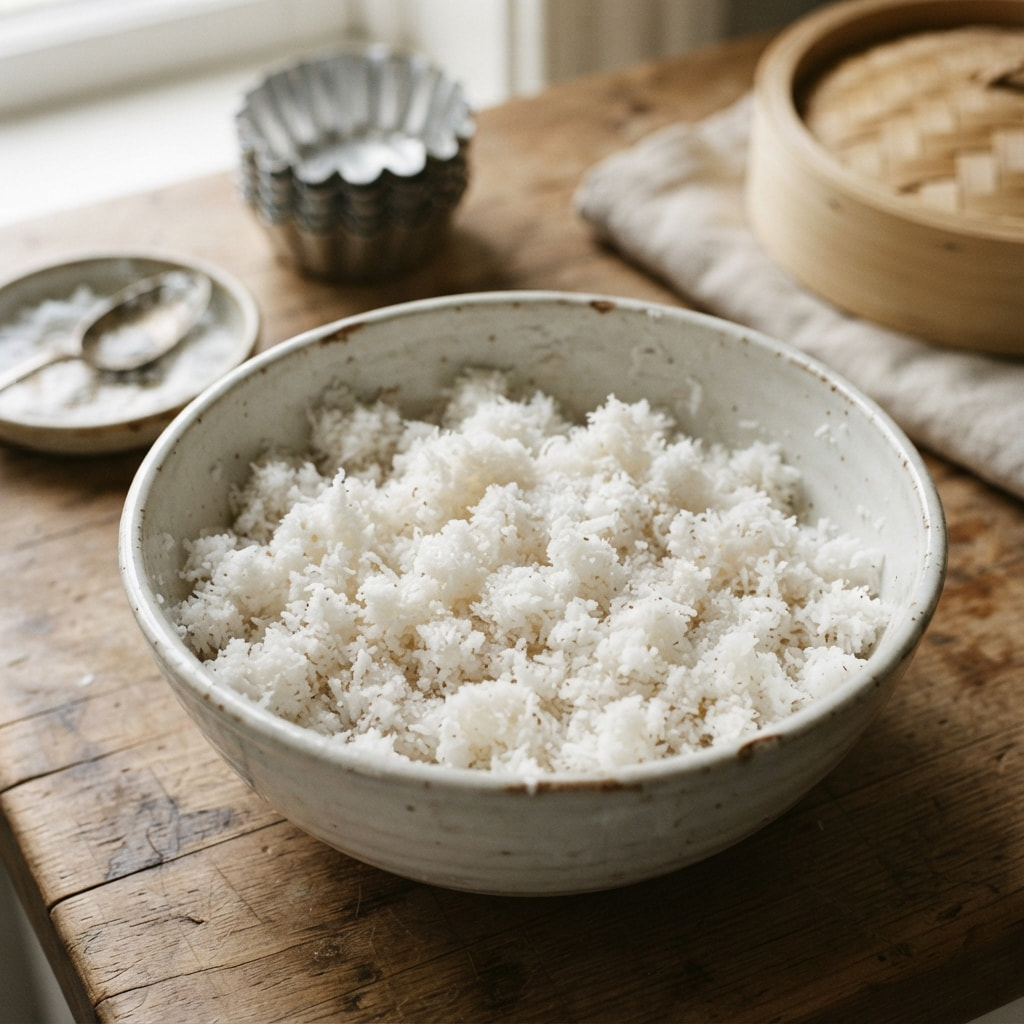 Freshly grated white coconut mixed with salt and cornstarch in a bowl for traditional Indonesian Putu Ayu preparation on a rustic wooden kitchen table.
