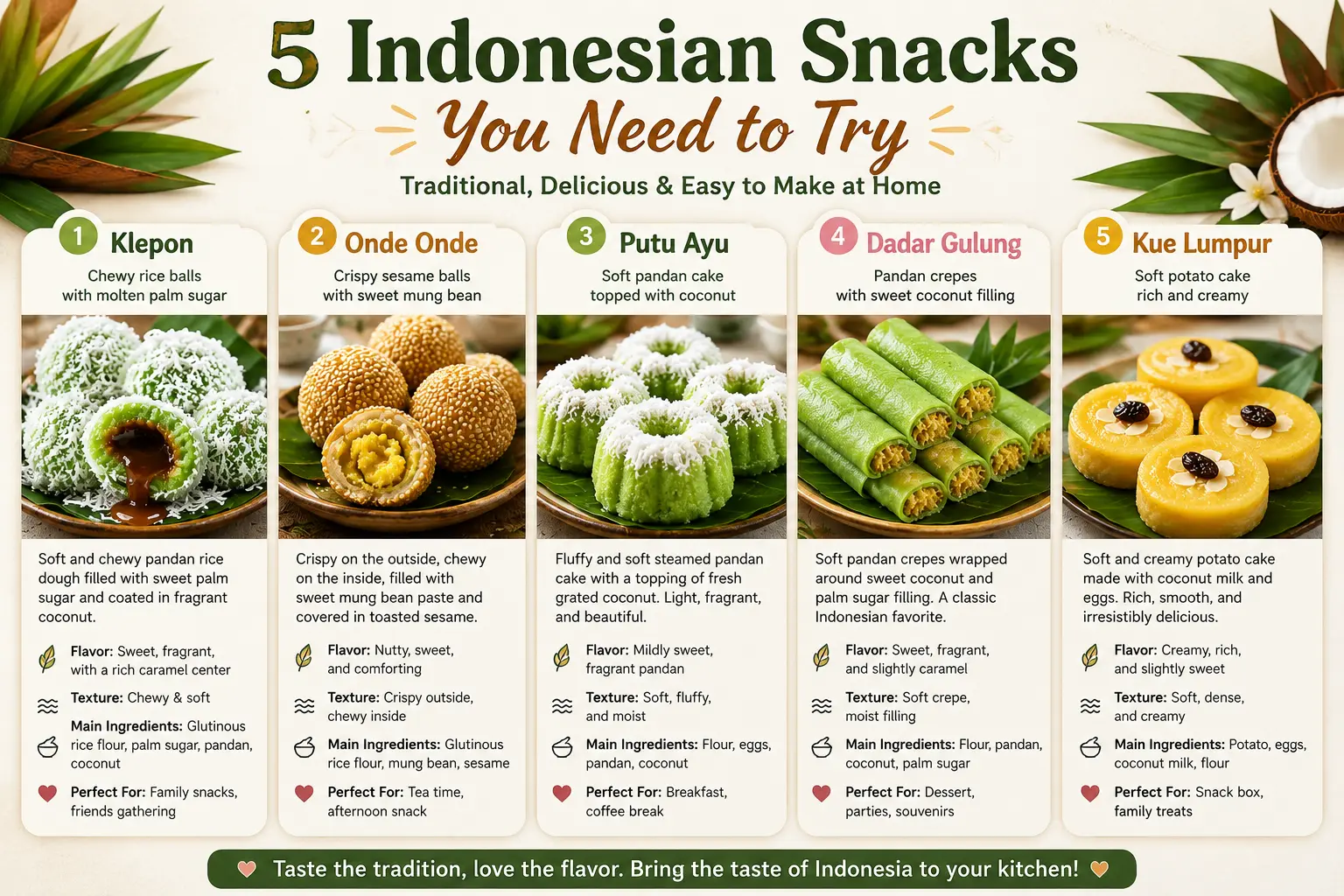 Illustrated guide featuring five traditional Indonesian snacks with short descriptions including klepon, onde onde, putu ayu, dadar gulung, and kue lumpur.