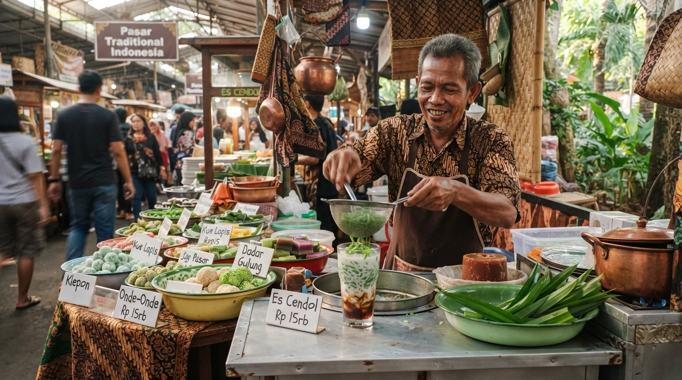Indonesian street food vendor preparing es cendol at a market stall.