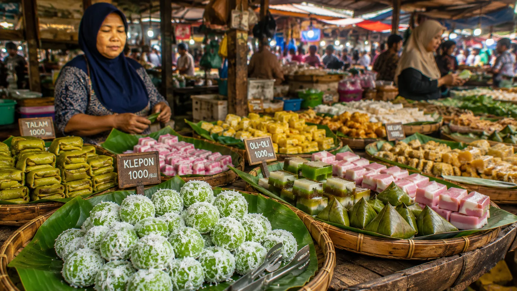 Traditional Indonesian market selling fresh Klepon and assorted traditional cakes