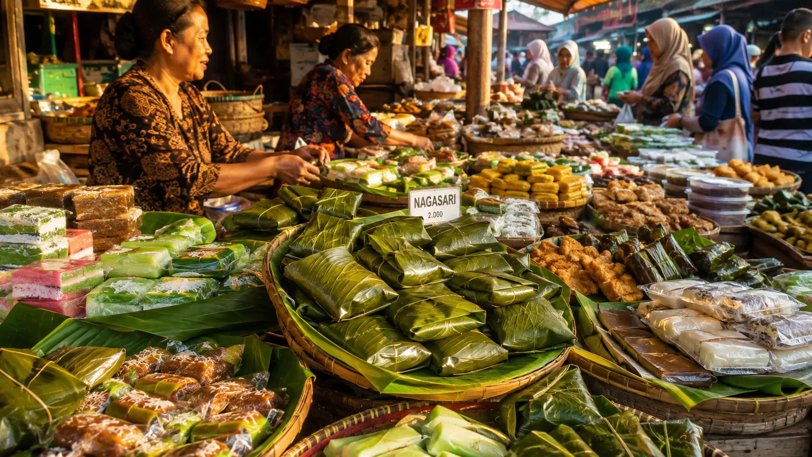Traditional Indonesian market selling colorful jajanan pasar including fresh Nagasari wrapped in banana leaves
