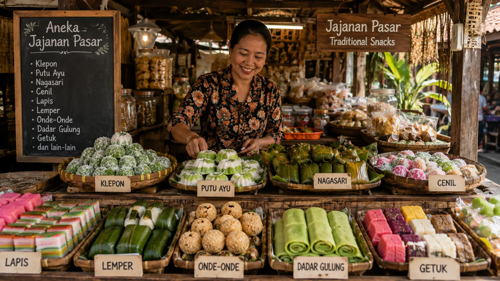 Traditional Indonesian market stall selling Cenil, Klepon, Putu Ayu, Nagasari, and assorted local snacks