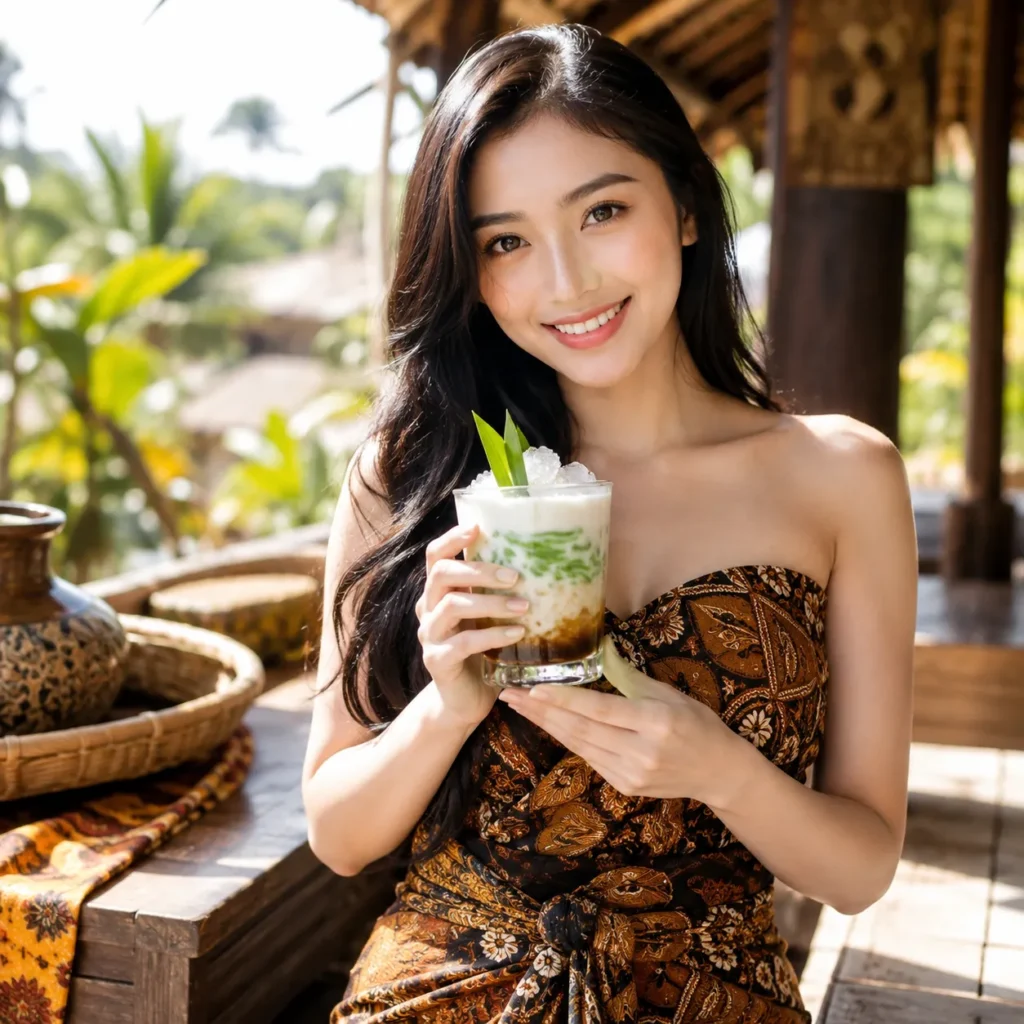 Beautiful Indonesian woman holding a refreshing glass of traditional Es Cendol on a hot summer day
