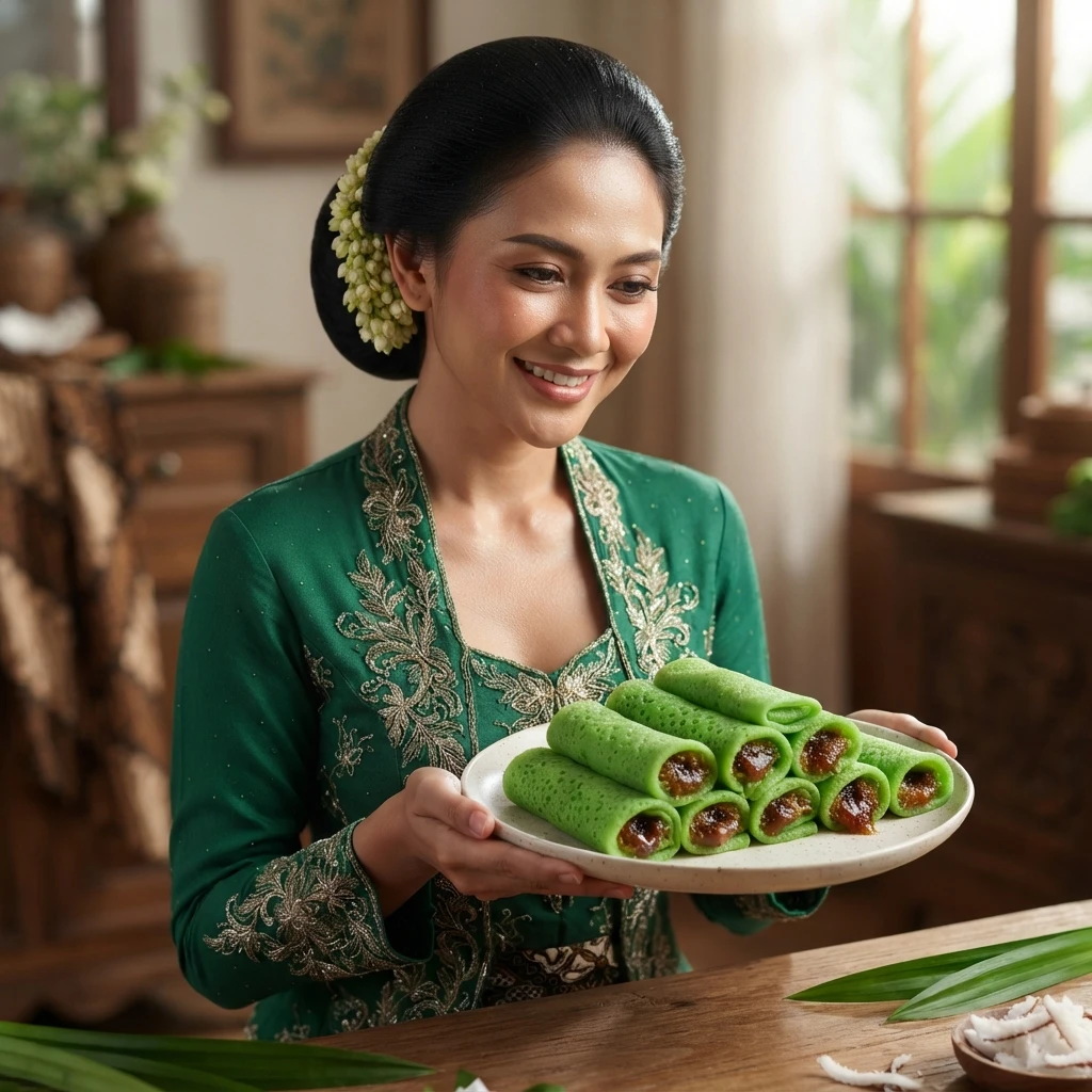 An elegant Indonesian woman wearing a traditional emerald green kebaya and sanggul holding a plate of fresh Dadar Gulung with a warm smile.