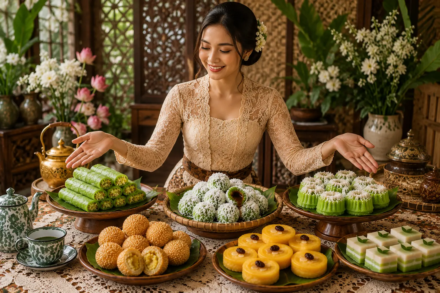 Indonesian woman wearing a traditional kebaya serving klepon, onde onde, putu ayu, dadar gulung, and kue lumpur on a beautifully decorated dining table.