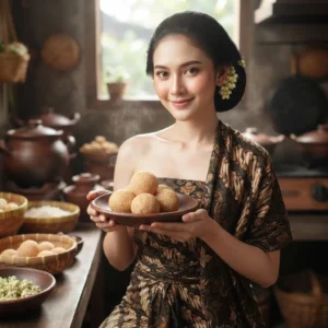 A beautiful Indonesian Javanese woman, dressed in traditional batik kemben and jarik with her hair in a konde, smiles warmly while holding a plate of freshly steamed onde-onde in a rustic, sunlit kitchen filled with clay pots and ingredients.