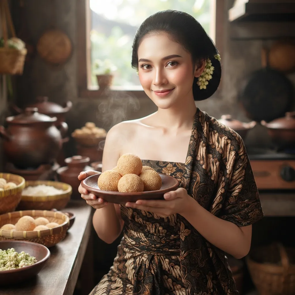 A beautiful Indonesian Javanese woman, dressed in traditional batik kemben and jarik with her hair in a konde, smiles warmly while holding a plate of freshly steamed onde-onde in a rustic, sunlit kitchen filled with clay pots and ingredients.