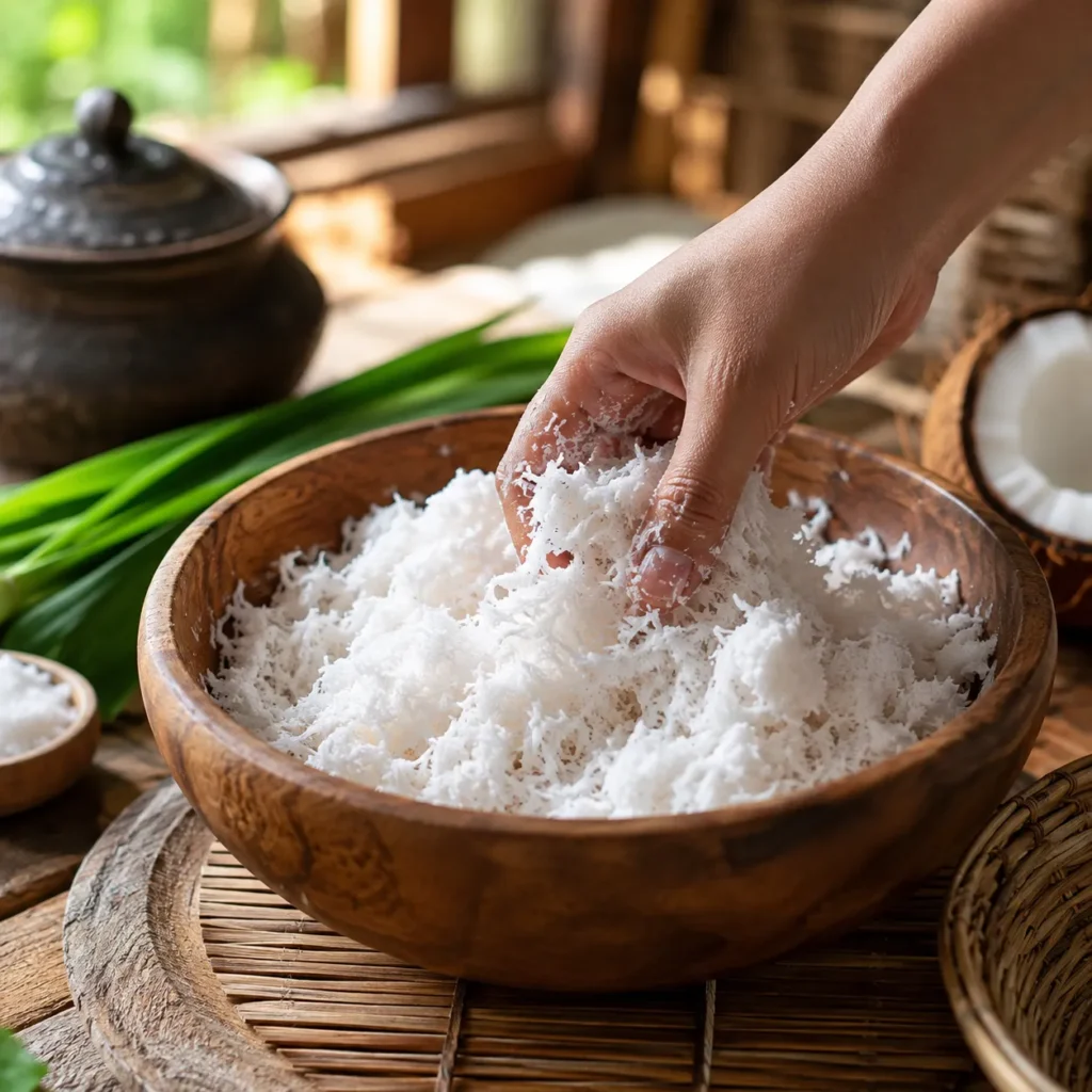 Fresh grated coconut mixed with salt in a wooden bowl for authentic Indonesian Klepon recipe