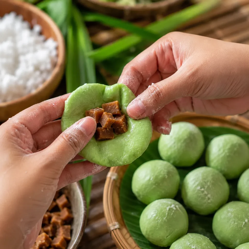 Filling homemade Klepon with chopped palm sugar before shaping into balls