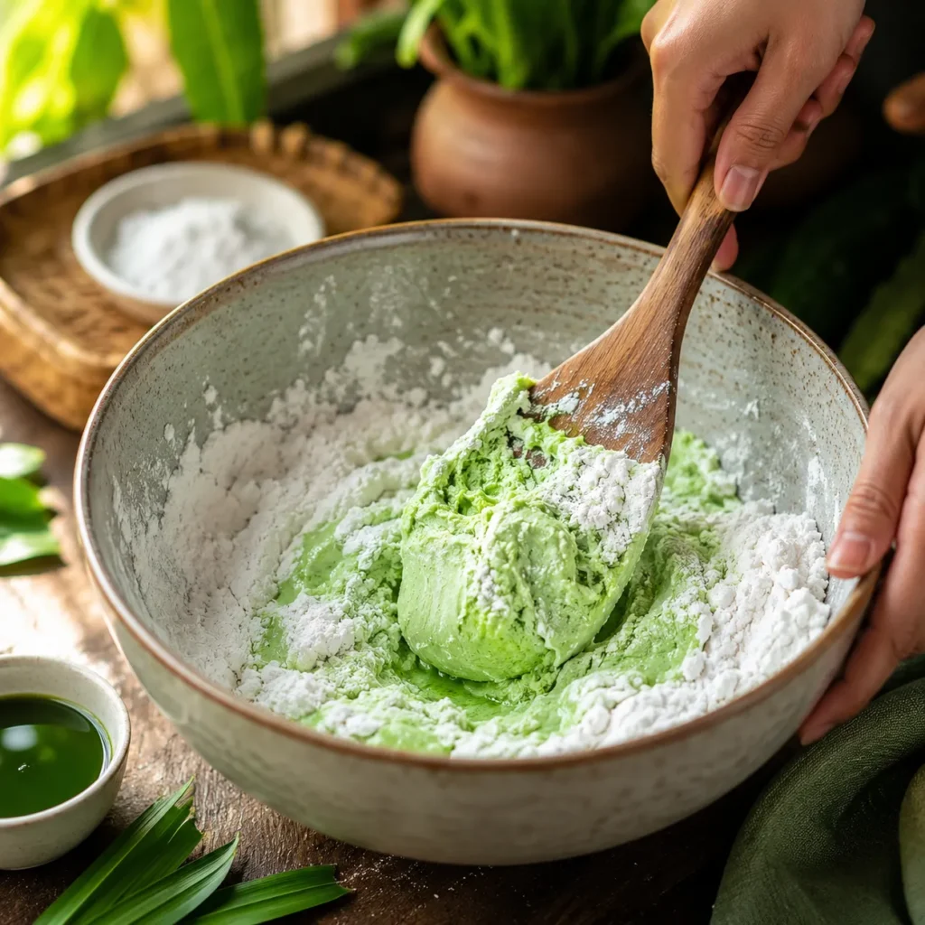 Mixing glutinous rice flour with pandan juice to make soft green Klepon dough