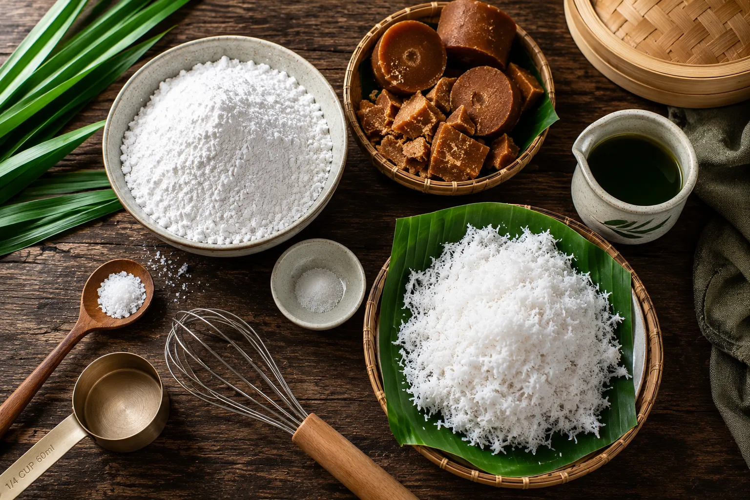 Ingredients for homemade Indonesian Klepon including glutinous rice flour, palm sugar, pandan leaves, and grated coconut