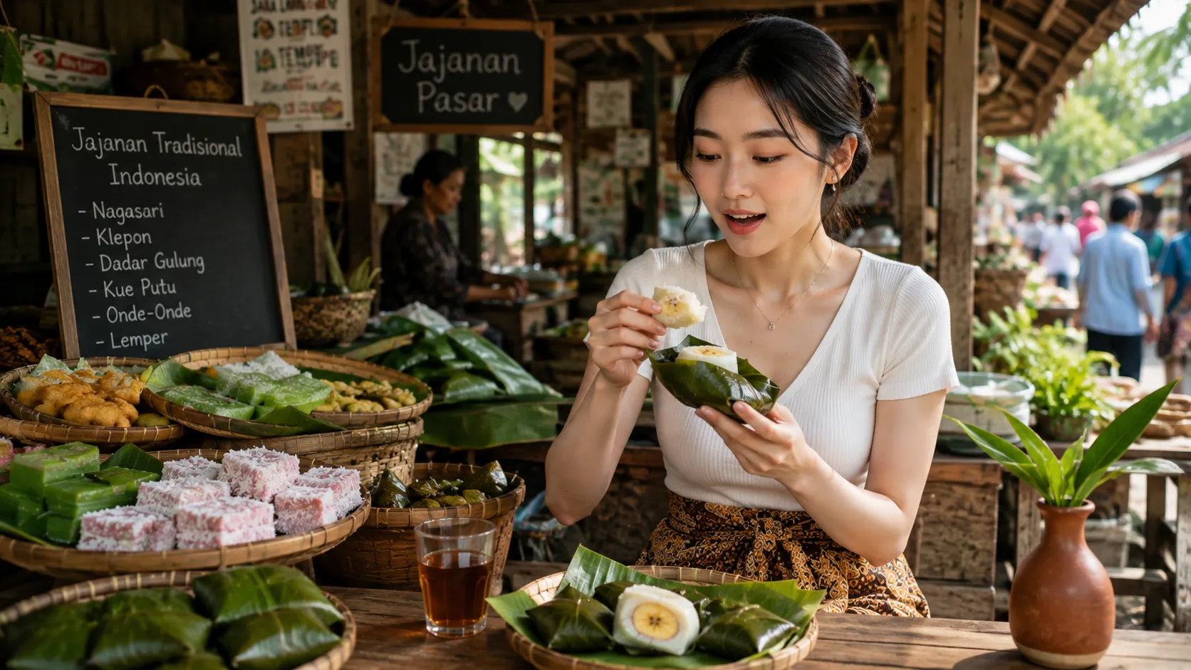 Korean tourist enjoying traditional Indonesian Nagasari at a local jajanan pasar food stall