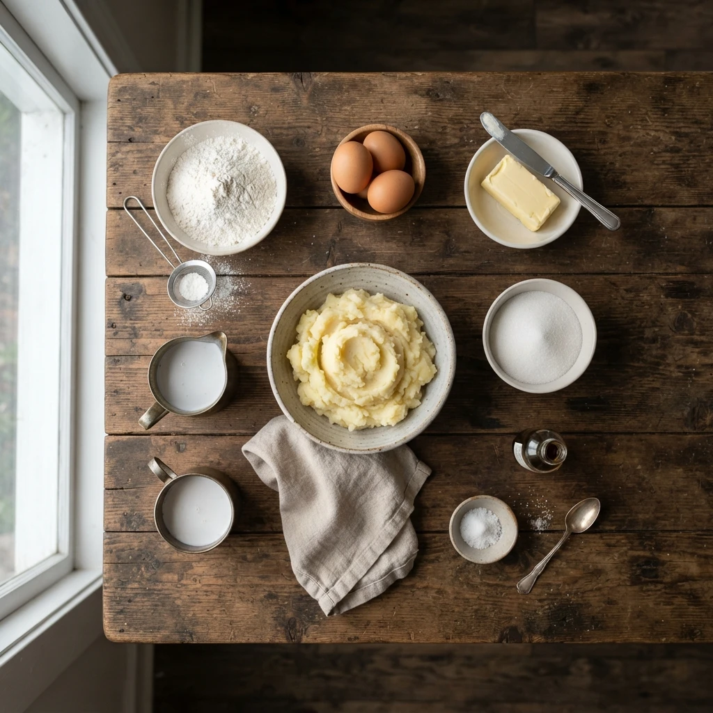 Overhead composition of fresh potatoes, coconut milk, flour, eggs, butter, sugar, vanilla, and salt neatly arranged on a wooden table.