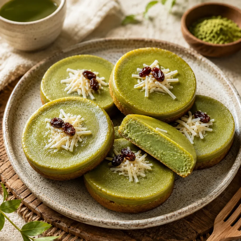 Kue Lumpur matcha variation with cheese and raisins for the topping
