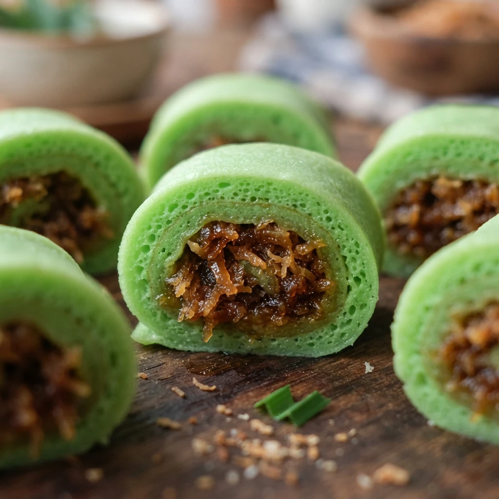 Macro close-up of sliced Dadar Gulung revealing a thin, soft green pandan crepe wrapped around a moist, caramelized coconut filling.
