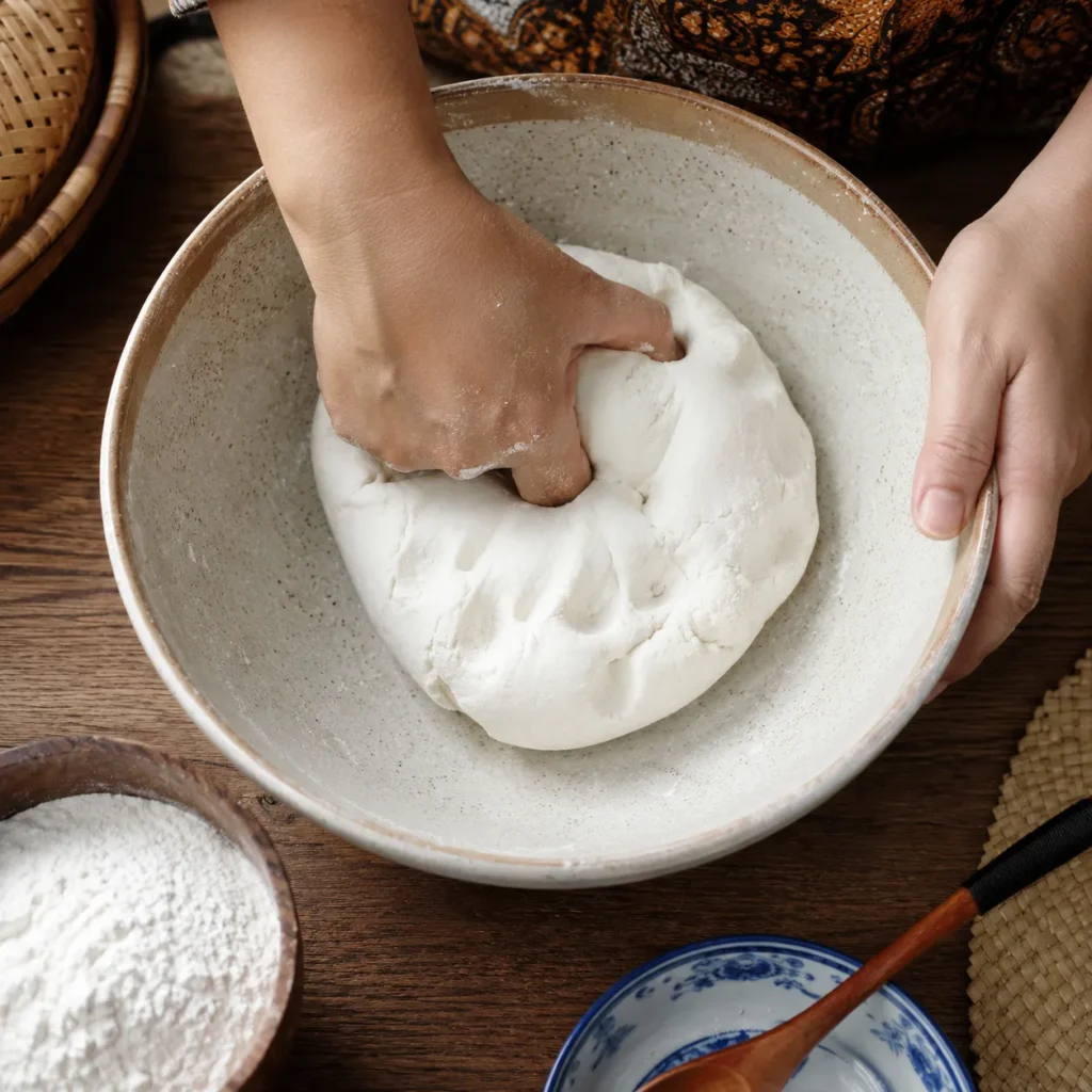 Making the glutinous rice dough for the outer layer of onde-onde