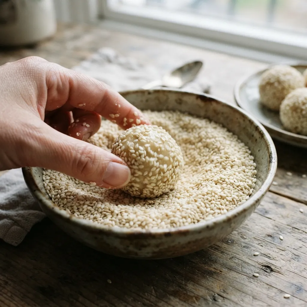 Close-up food photography of hands rolling fresh homemade onde-onde dough in a bowl of white sesame seeds on a rustic wooden table.