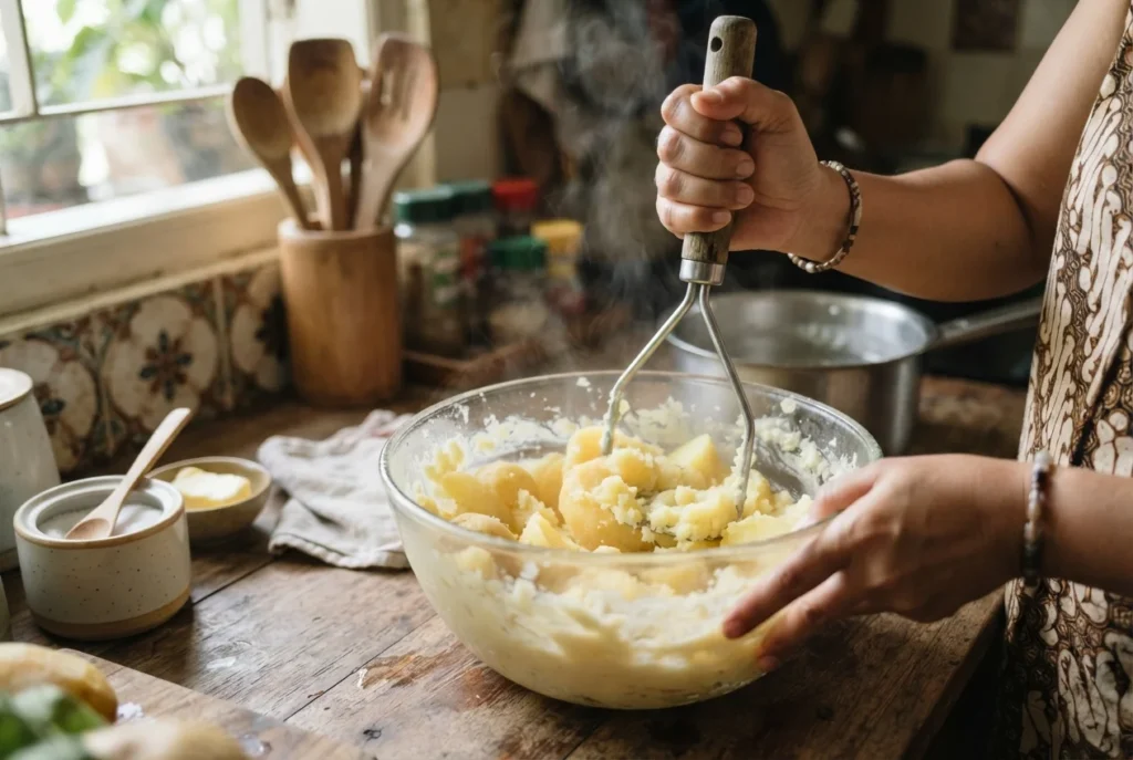 Close-up realistic food photography of freshly boiled potatoes being mashed into a smooth creamy puree inside a glass bowl in an Indonesian home kitchen.