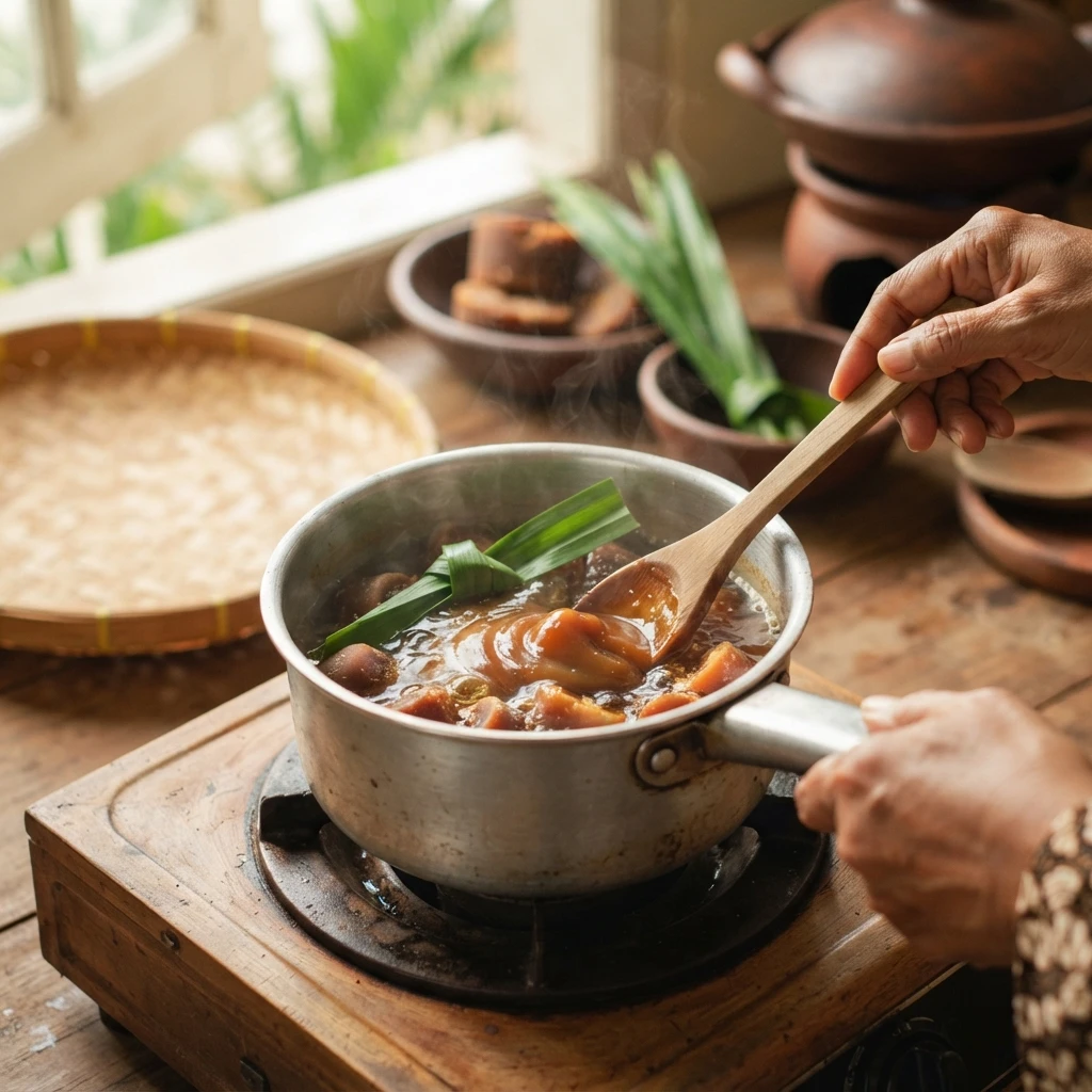 Melting Indonesian palm sugar with a pandan leaf in a saucepan.