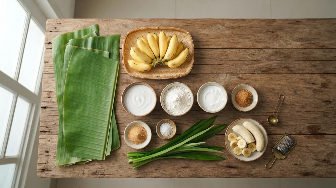 A clean flat lay of banana leaves, ripe bananas, coconut milk, rice flour, cornstarch, sugar, salt, and pandan leaves arranged neatly on a rustic wooden table with natural daylight.
