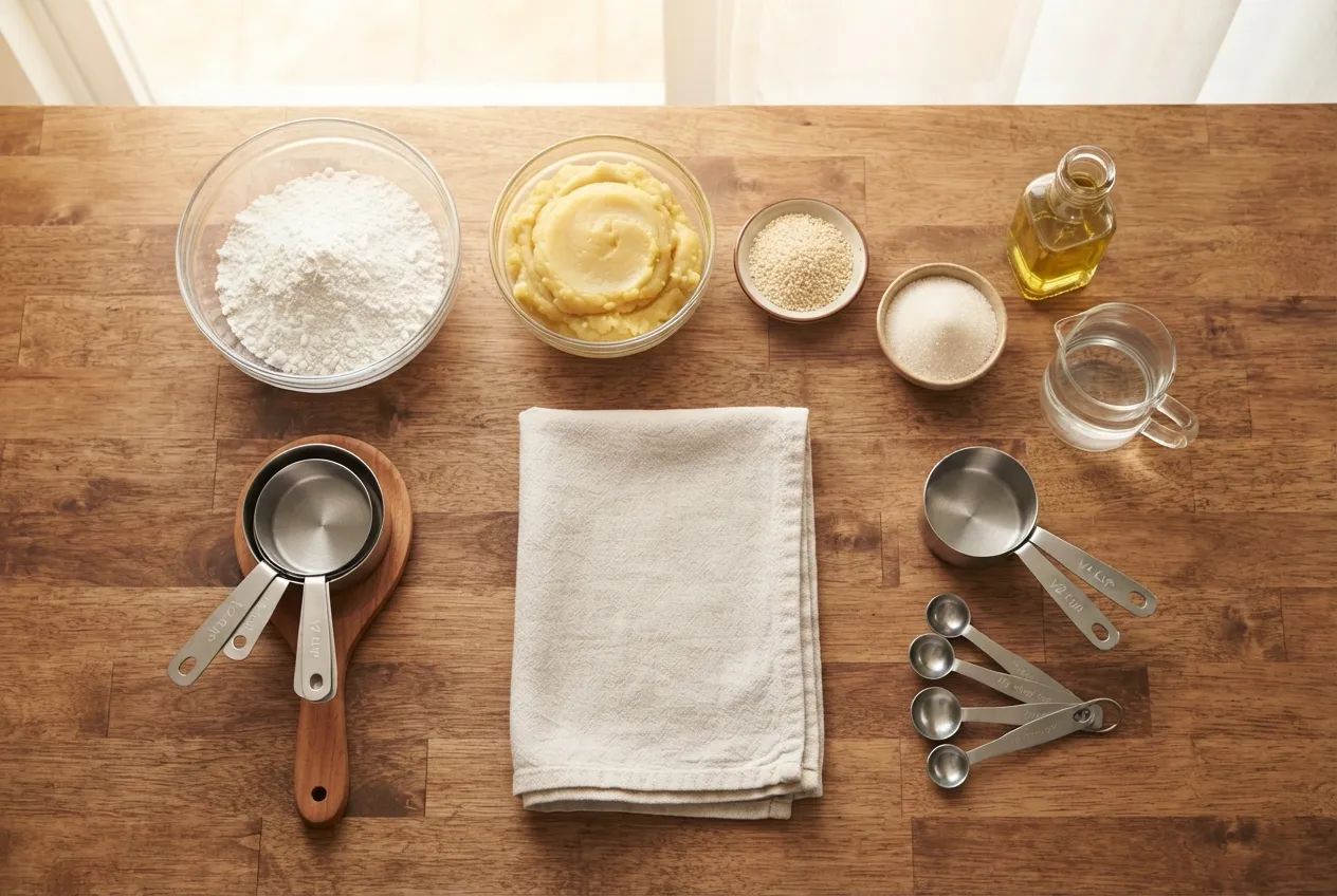 Realistic flat lay food photography of glutinous rice flour, mung bean paste, white sesame seeds, sugar, and oil neatly arranged on a wooden countertop.