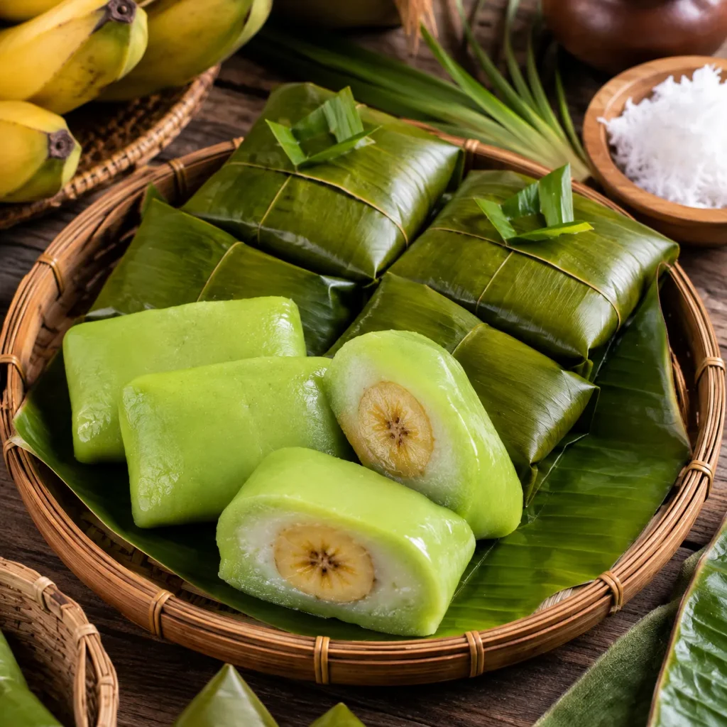Homemade pandan Nagasari with soft green coconut cake and sweet banana filling